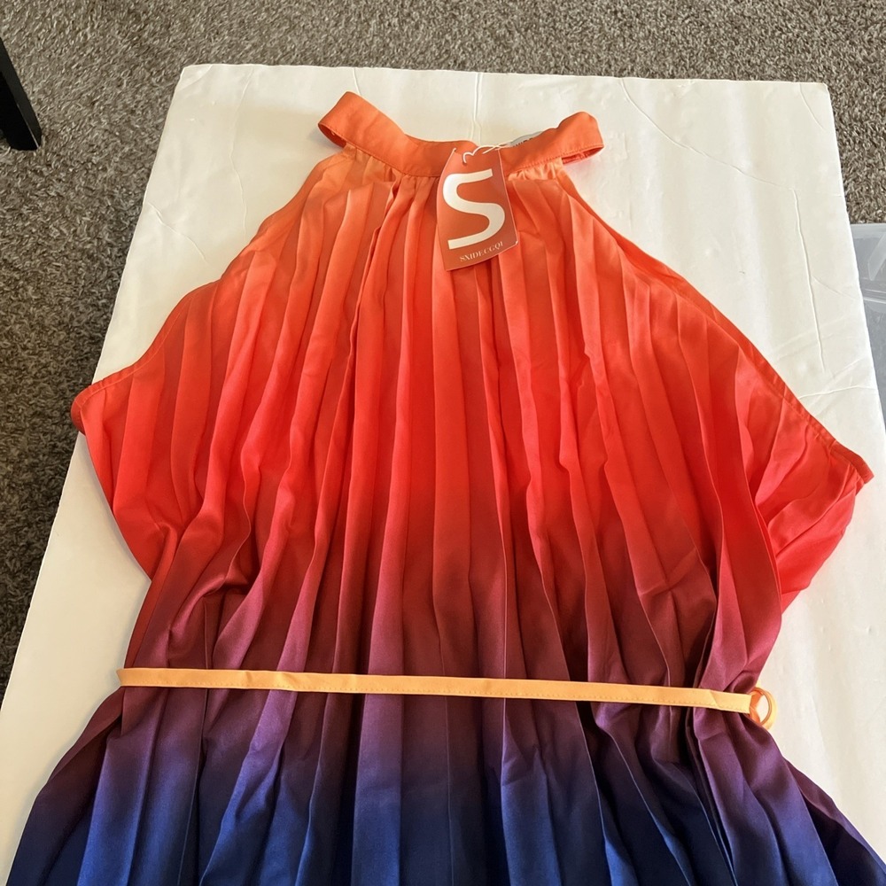 Sxidecgqi Sunset Dress Women XXL Orange Blue NWT High Neck Pleated Ombre A-Line